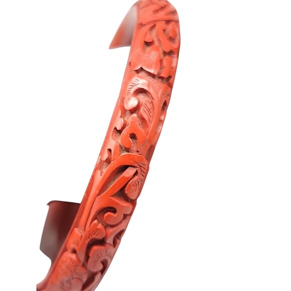 Carved Dragon & Floral Cinnabar Bangle Bracelet Scarlet Red Highly Detailed SZ8 - Picture 9 of 9